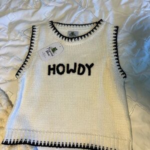 White Sleeveless Knit Top with Black Trim